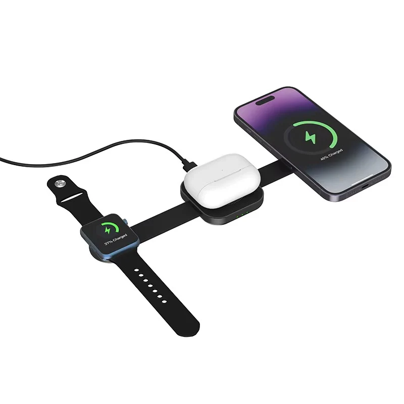 3-in-1 Foldable Wireless Charger Qi2 | 15W Magnetic Fast Charging Station | Portable Mini Travel Charger | For iPhone, Apple Watch & AirPods | Compact Black Charging Dock - Image 3